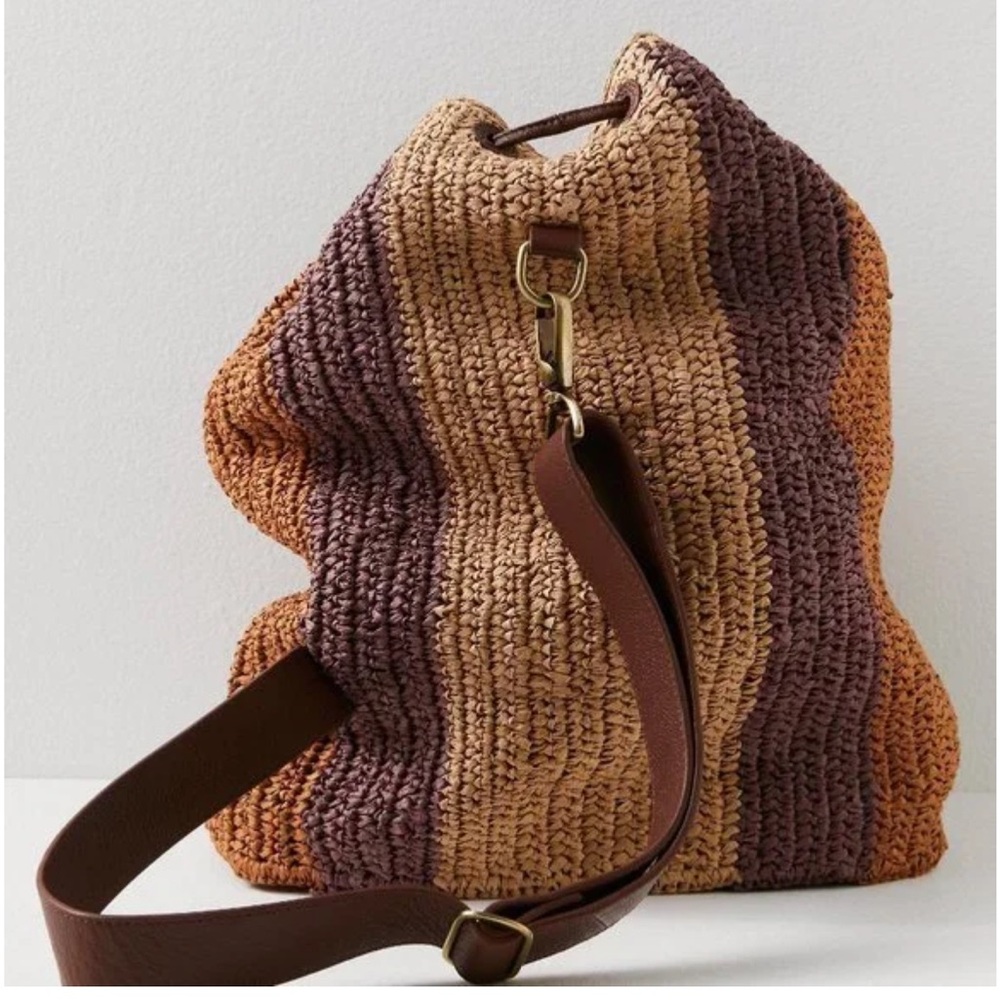 Free People Raffia Drawstring Backpack - Brown, Tan, Purple - Picture 4 of 11